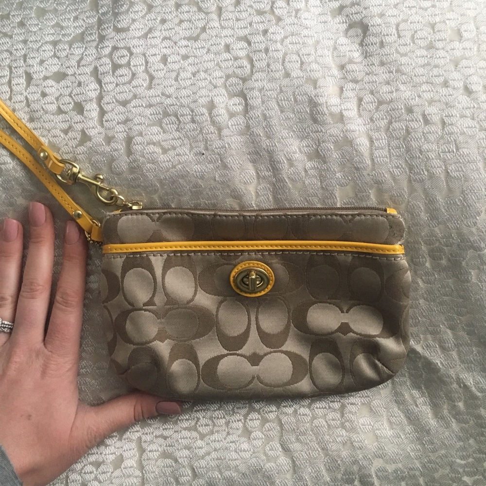 Coach Tan Wristlet with Yellow Trim - barely used